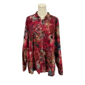 CJ Banks Burgundy Floral Print Button Front Long Sleeve Stretch Jacket Blazer 2X